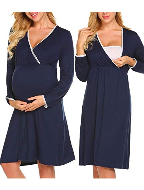 Ekouaer Women 3 in 1 Delivery/Labor/Maternity/Nursing Nightgown Long Sleeve Pleated Breastfeeding Sleep Dress(S-XXL)