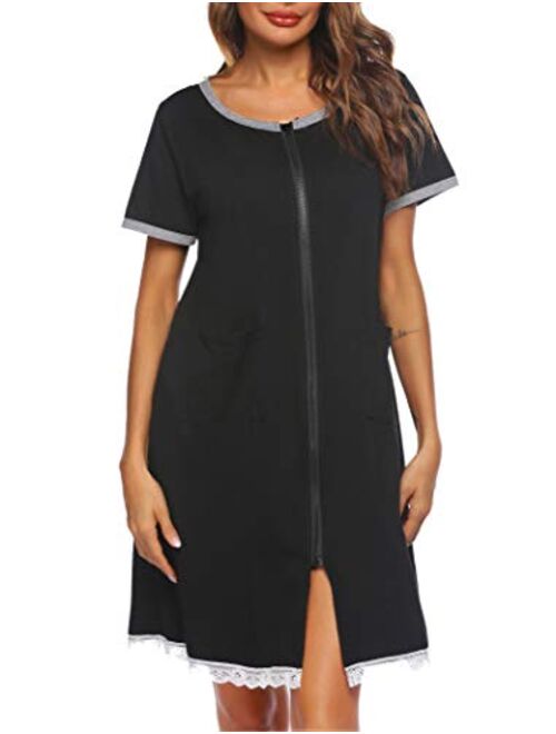 Ekouaer Womens Zip Front Robes Lightweight House Coat Zipper Nightgown(S-XXL)
