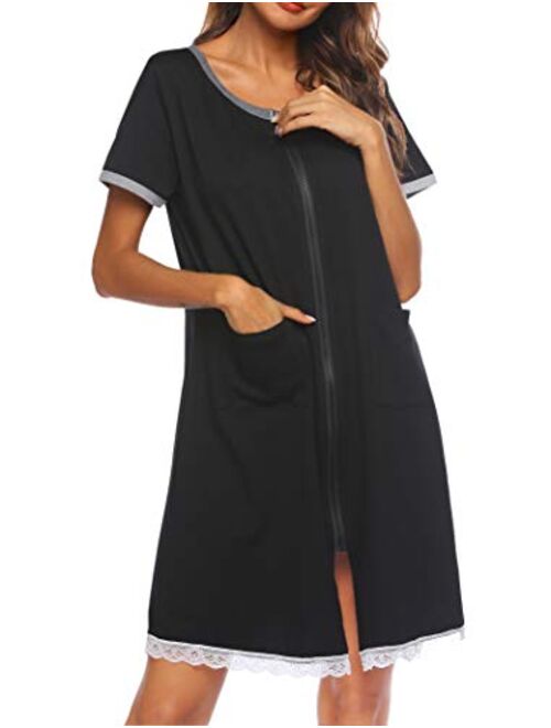 Ekouaer Womens Zip Front Robes Lightweight House Coat Zipper Nightgown(S-XXL)