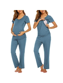 Women's Maternity Nursing Pajama Set Breastfeeding Sleepwear Set Double Layer Short Sleeve Top & Pants Pregnancy PJS