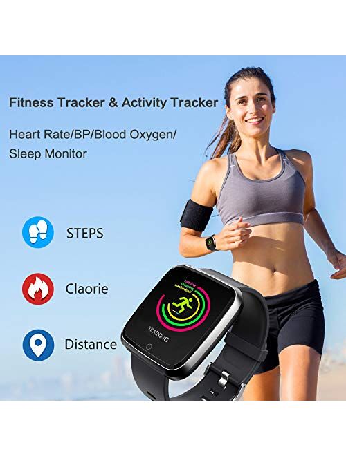 Smart Watch, Smartwatch with SMS/Caller ID, IP67 Waterproof Smart Watch for Men/Women/Kids, Fitness Tracker Step/Calorie Counter, Heart Rate/BP/Blood Oxygen/Sleep Monitor