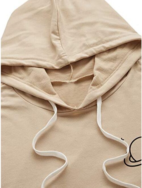 SweatyRocks Women's Planet Print Varsity Striped Drawstring Pullover Sweatshirt Hoodies Tops