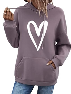 Women's Casual Heart Print Long Sleeve Pullover Hoodie Sweatshirt Tops