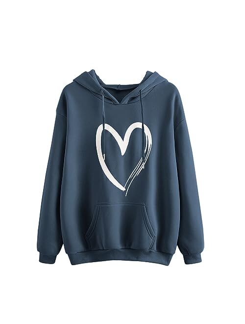 SweatyRocks Women's Casual Heart Print Long Sleeve Pullover Hoodie Sweatshirt Tops