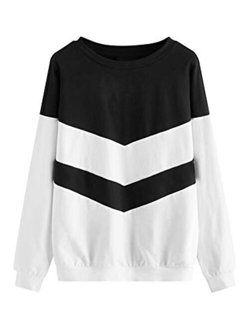 SweatyRocks Women's Casual Sweatshirts Crewneck Long Sleeve Color Block Sweatshirt Pullover Tops