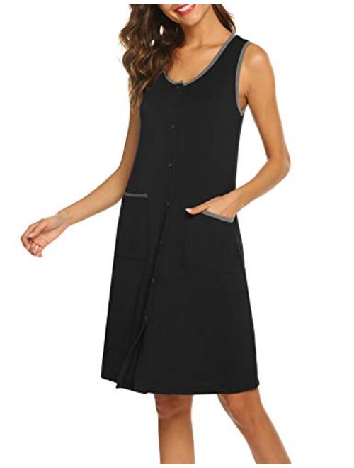 Ekouaer Nightgown Womens Scoop Neck Nightshirt Sleeveless Sleepwear Button Down Sleep Shirts with Pockets S-XXL