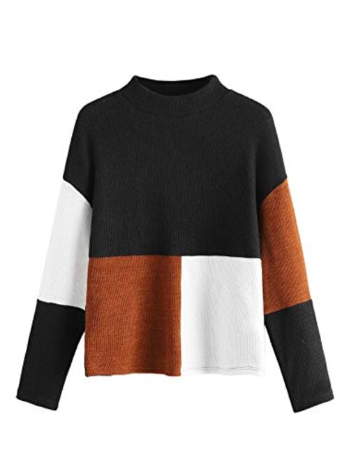 SweatyRocks Women's Long Sleeve Mock Neck Color Block Casual Knit Sweater Pullover