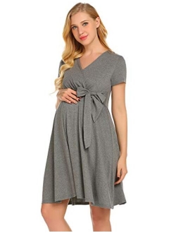Maternity Nursing Dress Tie Front Pregnancy Gown for Baby Shower or Casual Wear