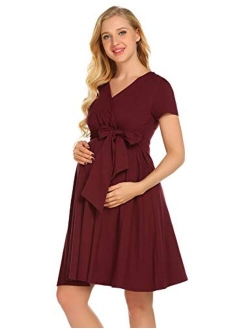 Maternity Nursing Dress Tie Front Pregnancy Gown for Baby Shower or Casual Wear