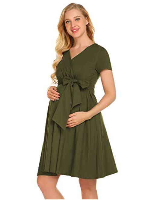 Ekouaer Maternity Nursing Dress Tie Front Pregnancy Gown for Baby Shower or Casual Wear