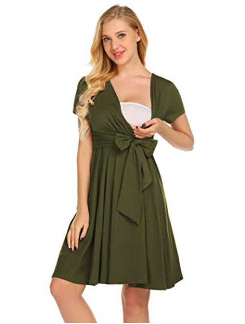 Ekouaer Maternity Nursing Dress Tie Front Pregnancy Gown for Baby Shower or Casual Wear