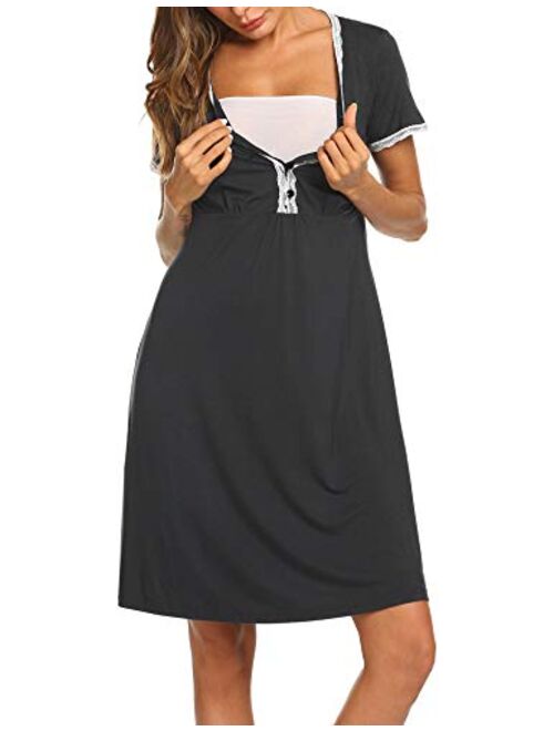 Ekouaer Sleepwear for Women Solid Nightgown Breastfeeding Clothes Comfy Sleepshirts Nursing Sleep Dress