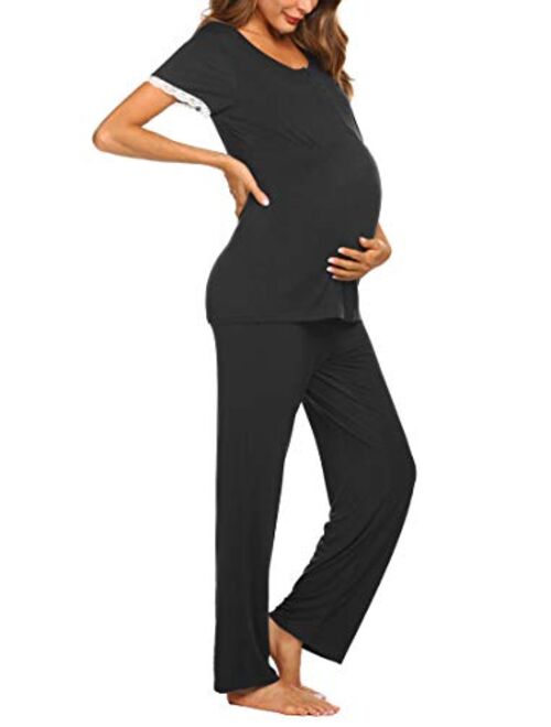 Ekouaer Women's Maternity Nursing Pajamas Set Soft Short-Sleeved Button Tops PJ Pants Sleepwear Set
