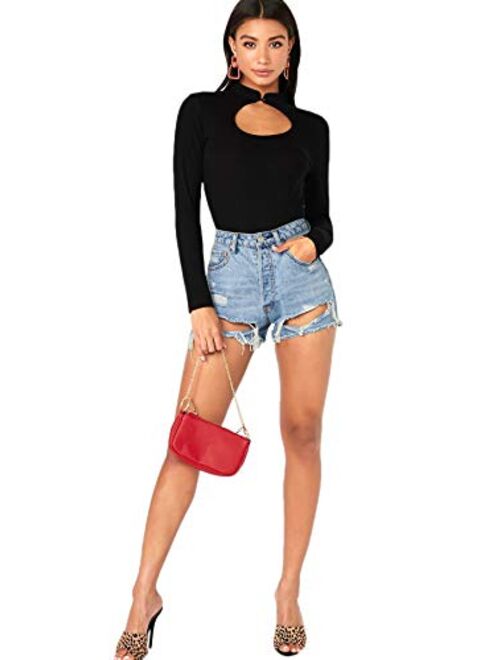 SweatyRocks Women's Elegant Cutout Rib Knit Top Slim Fit Long Sleeve Pullover T-Shirt