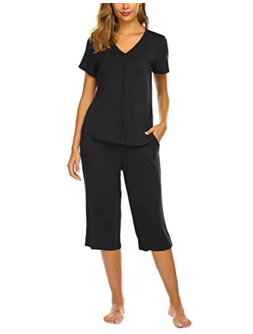 Ekouaer Pajamas Set Short Sleeve Sleepwear Womens Button Up Top and Capri Pajama PJ Set S-XXL