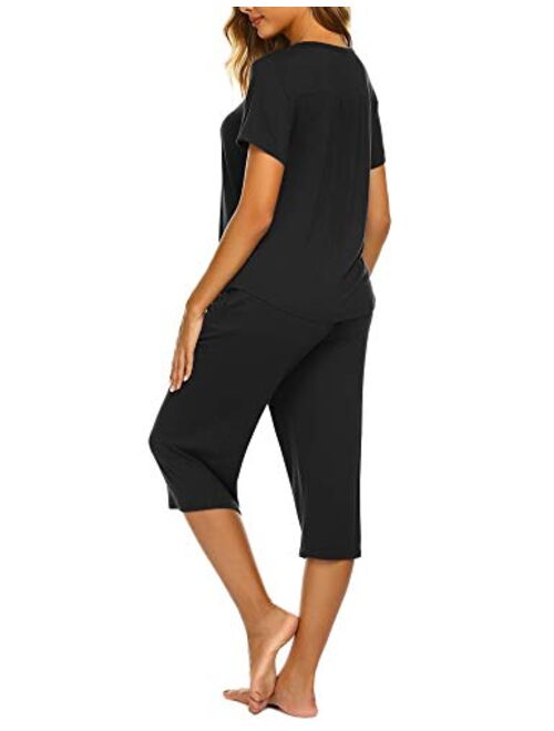 Ekouaer Pajamas Set Short Sleeve Sleepwear Womens Button Up Top and Capri Pajama PJ Set S-XXL