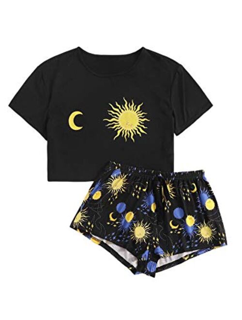 SweatyRocks Women's Cute Graphic Print Short Sleeve Crop Top with Shorts Pajama Set