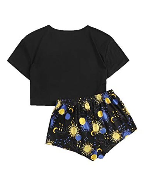 SweatyRocks Women's Cute Graphic Print Short Sleeve Crop Top with Shorts Pajama Set
