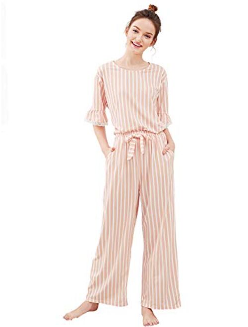 SweatyRocks Women's Cotton Pajama Set Lace Sleepwear Set Top and Pant Pj Set with Pockets