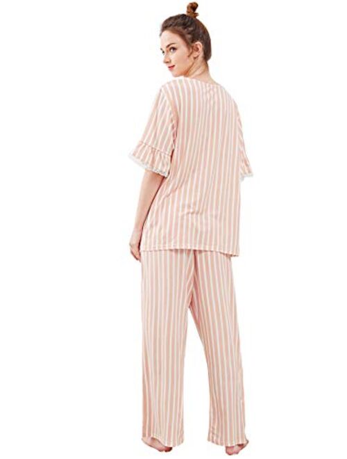 SweatyRocks Women's Cotton Pajama Set Lace Sleepwear Set Top and Pant Pj Set with Pockets