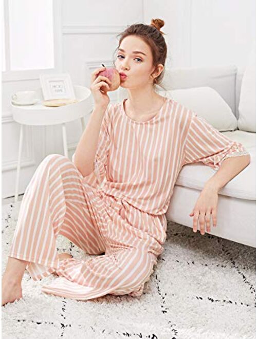 SweatyRocks Women's Cotton Pajama Set Lace Sleepwear Set Top and Pant Pj Set with Pockets