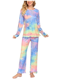 Women's Pajamas Sets Long Sleeve with Plaid Pants Soft Sleepwear O Neck 2 Piece Pjs Joggers Loung Set with Pockets