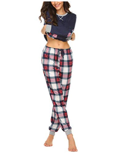 Ekouaer Women's Pajamas Sets Long Sleeve with Plaid Pants Soft Sleepwear O Neck 2 Piece Pjs Joggers Loung Set with Pockets