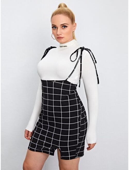 Shein Plus Plaid Knot Shoulder Pinafore Dress Without Tee
