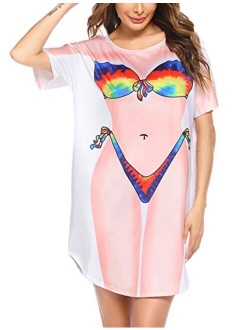 Women's Bikini Shirt Cover Up Short Sleeve Cute Bikini Print Cover-Up Baggy T Shirt Dress Fun Wear