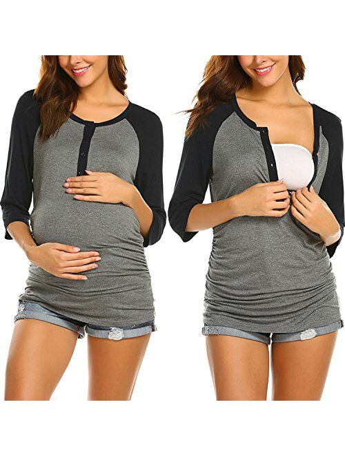 Ekouaer Women's Maternity Nursing Top 3/4 Sleeve Breastfeeding Henley Shirt Soft Tees Baseball T-Shirts (S-XXL)
