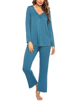 Women's Pj Set Sleepwear Two Piece Pajamas Tops with Long Sleep Pants Pjs Loungewear