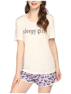Pajamas Women Short Set Cute Sleepwear Teen Girls Cartoon Printed 2 Piece Sleep Tee Set Soft Juniors Lounge Set Gift