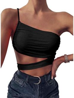Women Sexy One Shoulder Spaghetti Strap Cutout Ruched Bandage Casual Crop Top