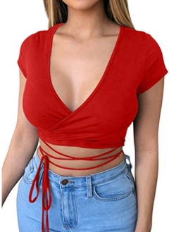 Women Sexy One Shoulder Spaghetti Strap Cutout Ruched Bandage Casual Crop Top