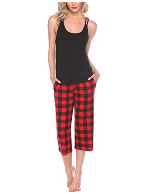 Ekouaer Pajamas Women Sleeveless Pajama Short Set Lettuce Trim Tank Top with Shorts Rib-Knit Sleepwear Pj Set 