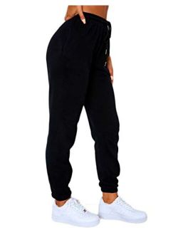 Women's Solid Sweatpants Drawstring Jogger Sweat Pants Cinch Bottom Casual Elastic Waist Workout Trousers