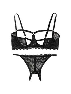 Women's 2 Piece Lingerie Set Sheer Lace Underwire Bralette Bra and Shorts