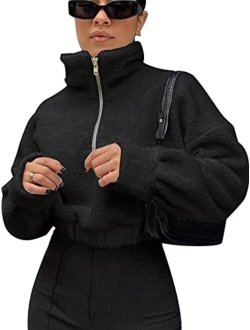 Women's Faux Fur Pullover Half Zip Long Sleeve Crop Sweatshirt Tops