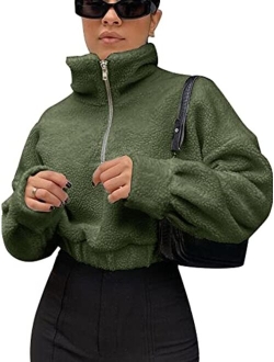 Women's Faux Fur Pullover Half Zip Long Sleeve Crop Sweatshirt Tops