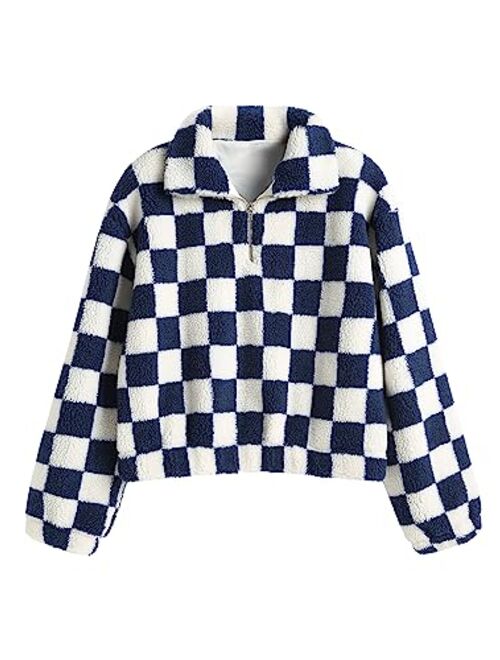 ZAFUL Women's Faux Fur Pullover Half Zip Long Sleeve Crop Sweatshirt Tops