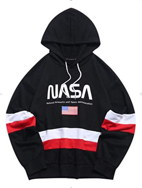 ZAFUL Men's NASA Logo American Flag Print Drawstring Hooded Sweatshirt Unisex Colorblock Kangaroo Pocket Hoodies Pullover
