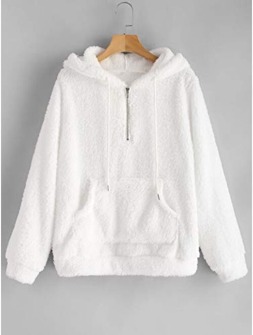 ZAFUL Women's Half Zip Kangaroo Pocket Fluffy Hoodie Long Sleeve Sweatshirt Warm Pullover