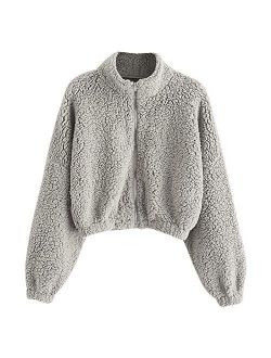 Women's Faux Fur Fuzzy Coat Full Zip Drop Shoulder Jacket Cropped Sweatshirts