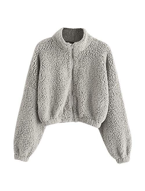 ZAFUL Women's Faux Fur Fuzzy Coat Full Zip Drop Shoulder Jacket Cropped Sweatshirts