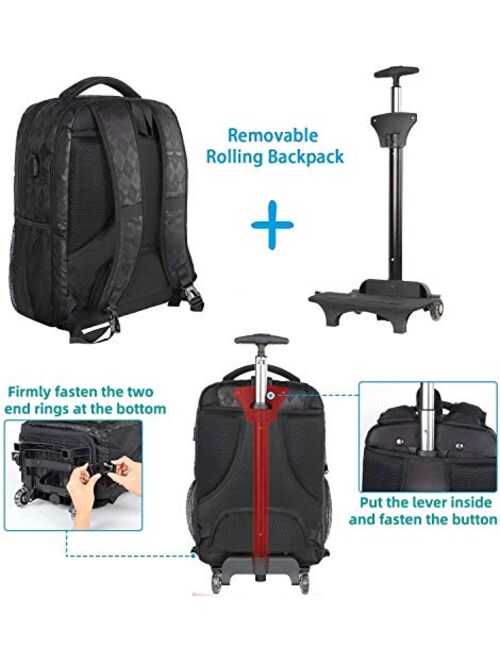 Rolling Backpack, 17 Inch Large Roller Backpack for Women Men with USB Charging Port,Trolley School Backpack,Carry on Wheeled Laptop Backpack Luggage Suitcase for College