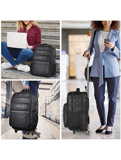 Rolling Backpack, 17 Inch Large Roller Backpack for Women Men with USB Charging Port,Trolley School Backpack,Carry on Wheeled Laptop Backpack Luggage Suitcase for College