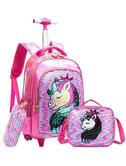 Meetbelify 3Pcs Rolling Backpack for Girls with Lunch Bag Pencil Case School Bags Wheeled Backpack
