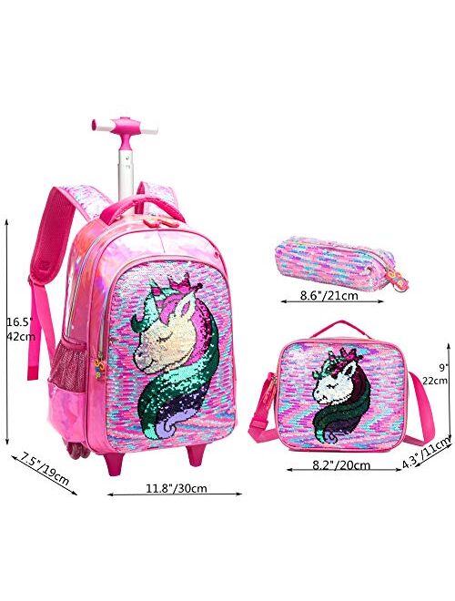 Meetbelify 3Pcs Rolling Backpack for Girls with Lunch Bag Pencil Case School Bags Wheeled Backpack