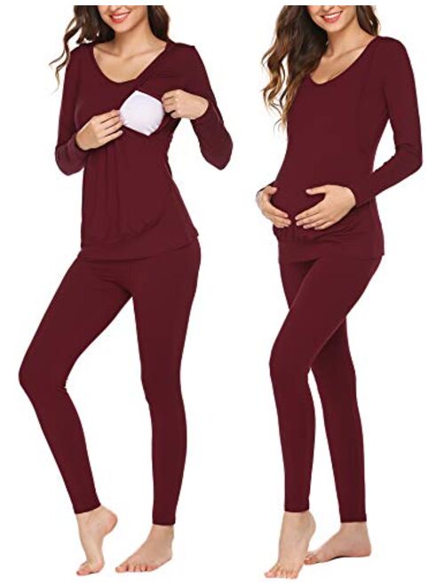 Ekouaer Maternity Nursing Thermal Underwear Pajamas set knit Winter Pjs Set Long John Set Base Layer for Pregnant Women