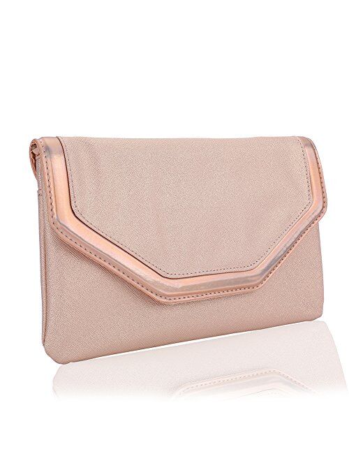 Classic PU Leather Evening Clutch,WALLYN'S Party Purse Evening Bag With Chain Strap(Pink)